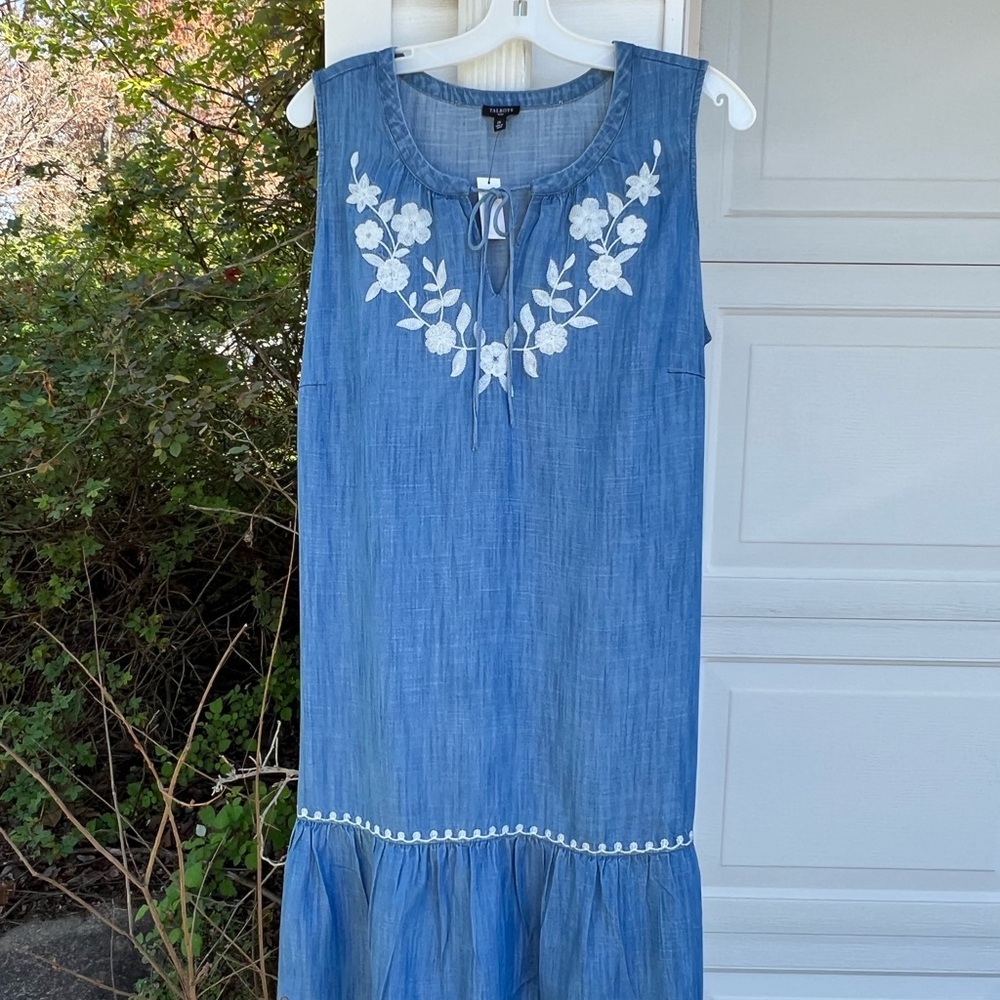NWT Talbots Pretty & Easy! Blue Floral Embroidered Tie Front Sleeveless Dress